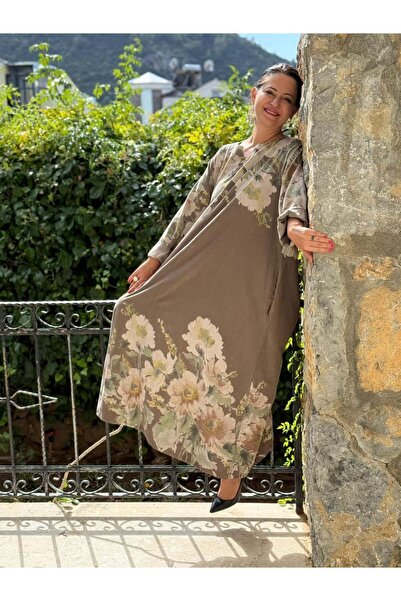 Punta Otantik Yg10392 Floral Pattern Italian Velvet Dress Mink