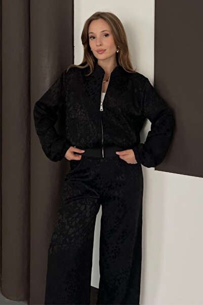 Ded COLLECTION Γυναικείο σετ με λεοπάρ στάμπα από σατέν με φερμουάρ και φαρδύ παντελόνι