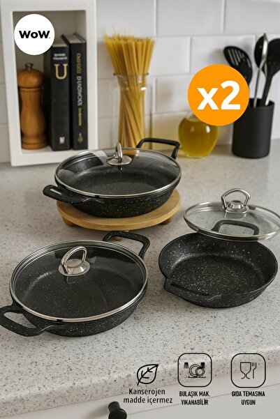 WOW 2'li Granit Döküm 6'lı Sahan Seti – Cam Kapaklı Siyah (18, 20, 22 cm)
