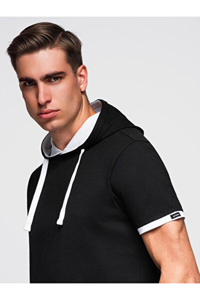 OMBRE Ανδρικό βαμβακερό μπλουζάκι με κουκούλα - Μαύρο V9 OM-TSCT-0256