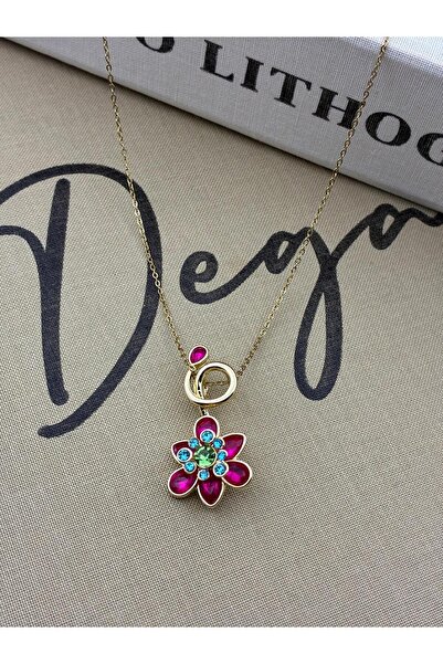 Hedef Bijuteri Steel Gold Pink Zircon Stone Colorful Flower Model Necklace