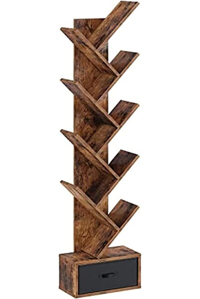 Chulovs رف كتب على شكل شجرة مع درج - خزانة كتب خشبية ريفية بـ 8 رفوف (بني)