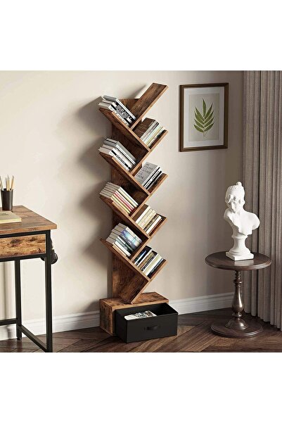 Chulovs رف كتب على شكل شجرة مع درج - خزانة كتب خشبية ريفية بـ 8 رفوف (بني)