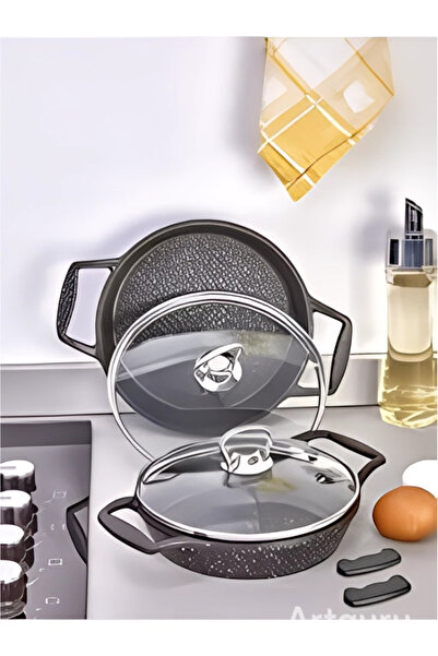 Genel Markalar Şık Granit Döküm Sahan Seti (18 cm ve 20 cm) – Cam Kapaklı