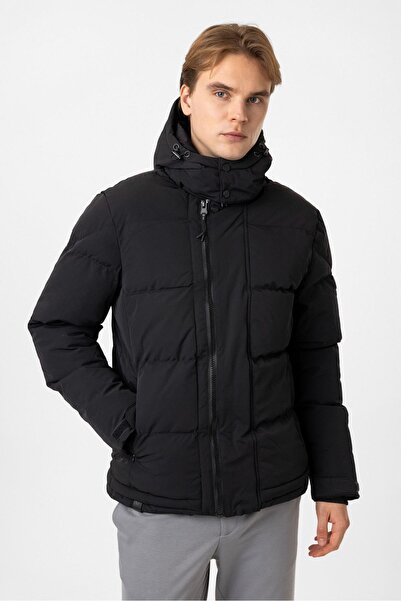 Back And Bond Siyah Regular Fit Kapüşonlu Puffer Mont