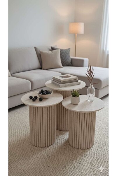 Mobilya Stant Most Trio Bohem 3'lü Traverten Desenli Aytaşı Mdf Zigon Sehpa(E...