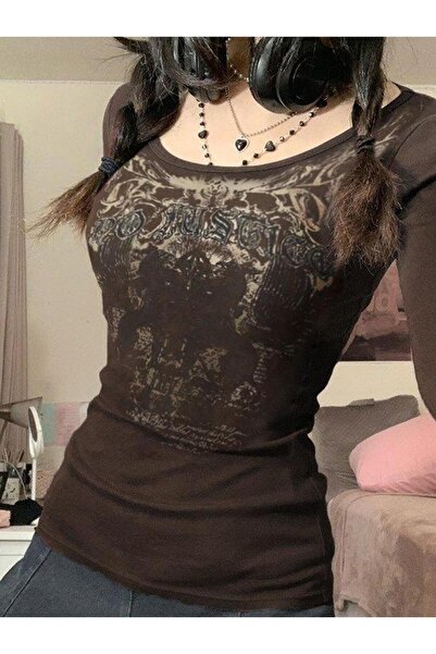 ARS Butik Brown Vintage Style Do Justica Long Sleeve Crop