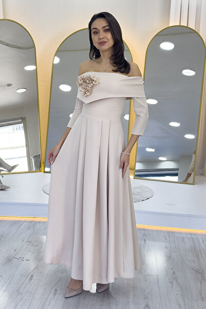 the ZKS Kadın Çıkarılabilir Çiçek Detay Madonna Yaka Midi Boy Elbise Bej, Bordo, Siyah, Kırmızı, Beyaz