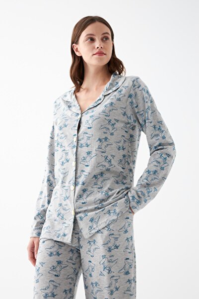 Akbeniz Women's Gray Patterned Buttoned Cotton Pajama Set