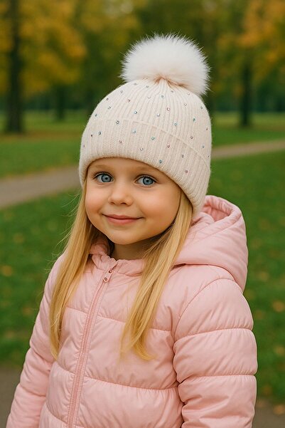 Trend Şapka 19003 Triko Kumaş Ponponlu Taş Baskılı Bej Çocuk Beresi 3-7 Yaş