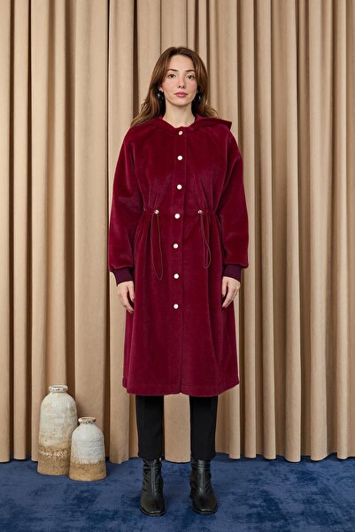 Puane Women's Tunneled Waist Hooded Long Fox Coat - 15234Kbn - Burgundy