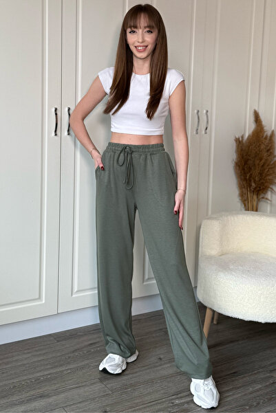 Dilay Gökoğlu Butik Modal Soft Textured Comfortlux Wide Leg Khaki Trousers