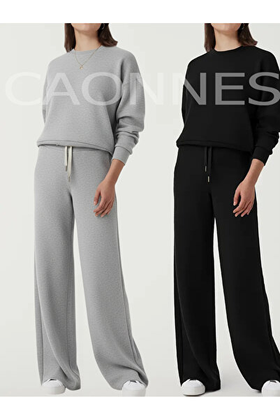 CAONNES طقم بدلة رياضية شتوية مكون من قطعتين (أسود-رمادي) بنطلون رياضي فضفاض ...