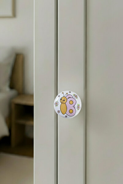 MegaVitrin 5 Pieces Porcelain Butterfly Patterned Children's Room Furniture Handle Ceramic Drawer Cabinet Knob
