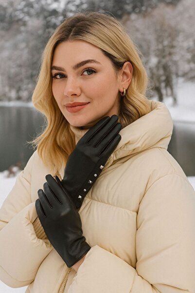 Axesoire 14826 Blok Taşlı Siyah PU Deri Eldiven