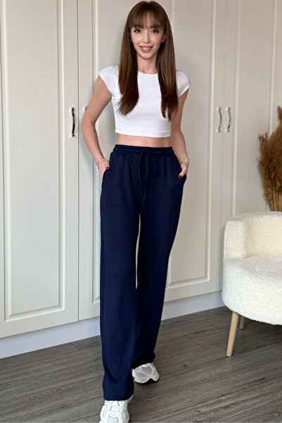Dilay Gökoğlu Butik Modal Soft Textured Comfortlux Wide Leg Navy Blue Trousers
