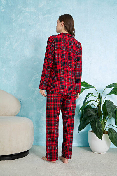 STELLAPİNK Kırmızı Ekoseli Düğme Detaylı Süet Pijama Takımı