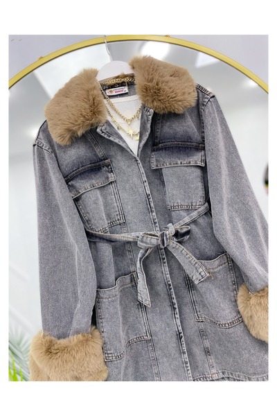 YEDİLALE Τζιν μπουφάν με ζώνη με λεπτομέρειες από γούνα