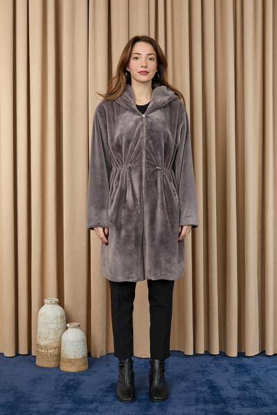 Puane Women's Hooded Elastic Waist Plush Coat - 15236Kbn - Antracite