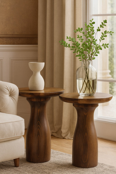 Simillo Home&Living Doğal Masif Ahşap 2’li Yan Sehpa Seti – Ceviz Renk Zigon ...