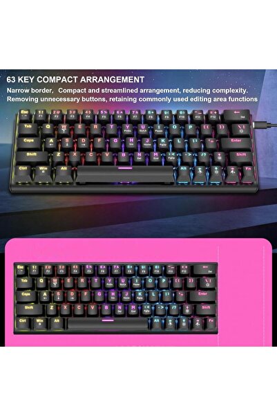 ASHATA Gaming 63-Key Wired Keyboard, RGB LED Backlight, Ergonomic, USB-C Plug-and-Play, Blue Switch