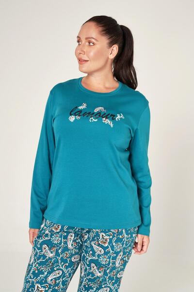 PİJAPİA Büyük Beden Kadın Mavi Uzun Kollu %100 Pamuk Pijama Takımı Rahat ve Yumuşak Dokulu
