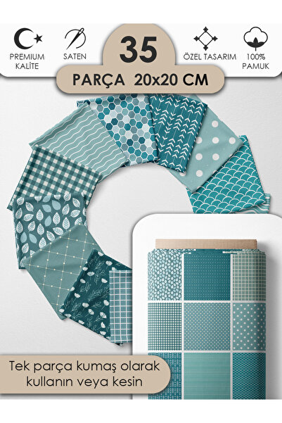 FabricMarket %100 Pamuk Saten Patchwork Kumaş Seti – 35 Adet 20×20 cm, Renkli Parçalar