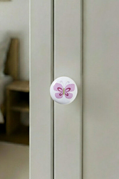 MegaVitrin 5 Pieces Porcelain Pink Butterfly Patterned Children's Room Furniture Handle Ceramic Drawer Cabinet Knob
