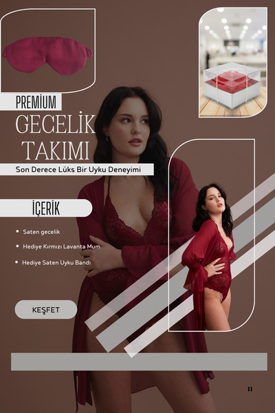 Fallen Bordo Dantelli Body Sabahlık Takımı + Hediye Mum ve Göz Bandı - Lüks İç Giyim