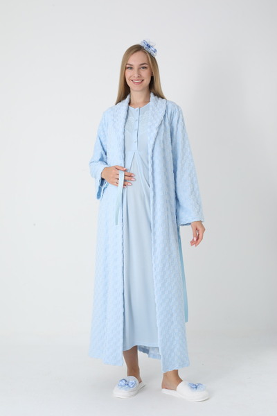 Lohusa Homewear طقم ملابس نوم نسائية زرقاء بياقة شال كاملة الطول للشتاء بأكما...