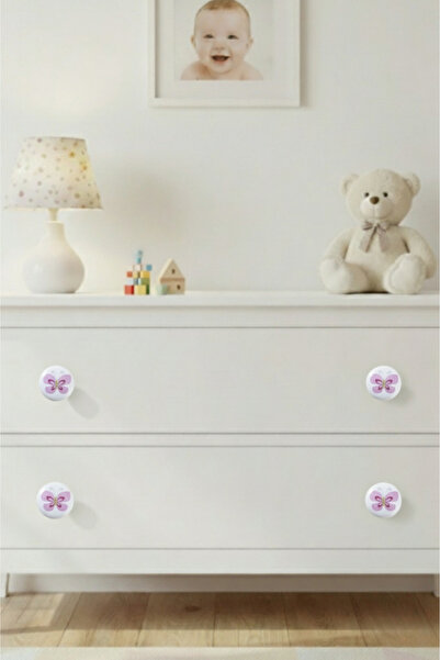 MegaVitrin 5 Pieces Porcelain Pink Butterfly Patterned Children's Room Furniture Handle Ceramic Drawer Cabinet Knob