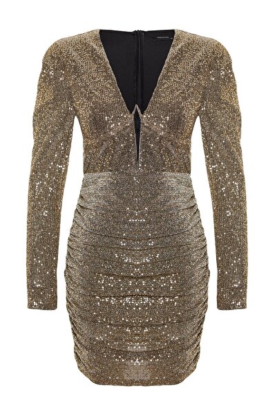 Butik ALLBUCKS Trend yol Millaa, Gold Pullu Parlak Mini Elbise ABGYM0811