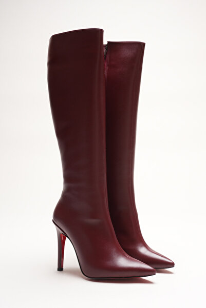 Ayakkabı Ateşi Жіночі гострі носки на високих підборах, черевики до коліна, бордовий колір