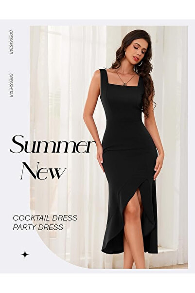 OEM Elegant long dress, fitted, sleeveless, black S