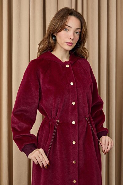 Puane Women's Tunneled Waist Hooded Long Fox Coat - 15234Kbn - Burgundy
