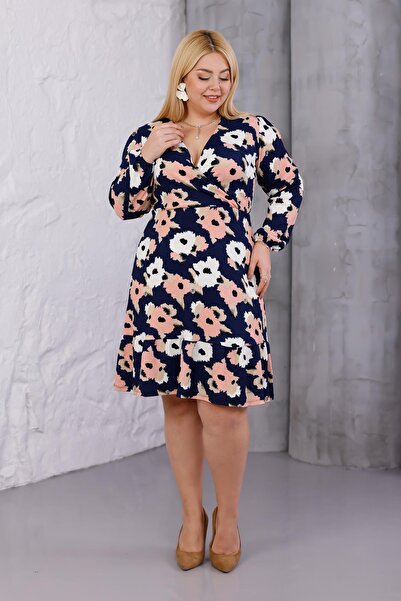 Madwilo Women's Navy Blue Salmon Floral Pattern Double-Breasted Collar Flexible Waist Plus Size Dress