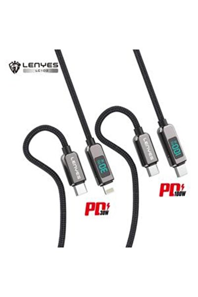 Lenyes كابل بيانات مضفر LC102 بقوة 100 واط من USB-C إلى USB-C و30 واط من USB-C إلى Lightning