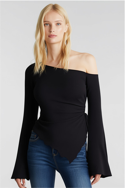 ecemore بلوزة بأكمام طويلة وربطة جانبية غير متماثلة عند الرقبة E9176