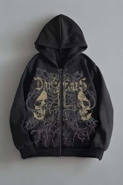 Karakedi Black Gothic Double Skull Harajuku Y2K Hooded Unisex Cardigan