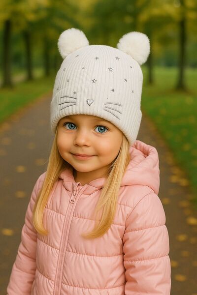 Trend Şapka 19004 Kedi Model Taş Baskılı Beyaz Çocuk Beresi 3-7 Yaş