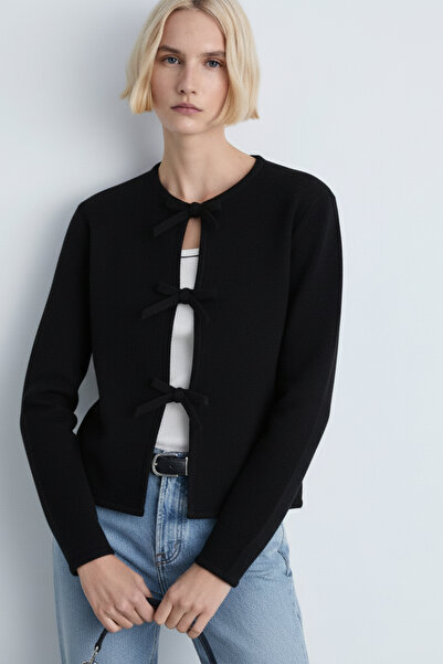 Eazy Co سترة تريكو نسائية سوداء أساسية من EazyStudio+ مع أربطة