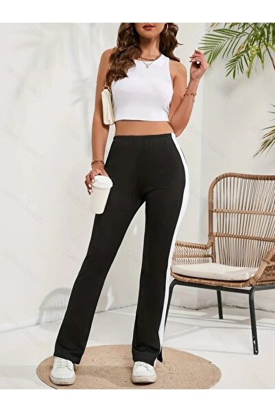 ALPACO Women's High Waist Side Striped Detail Slit Viscose Two Thread Pants