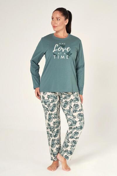 PİJAPİA Set de pijamale cu mâneci lungi pentru femei, mărime mare, verde bumb...