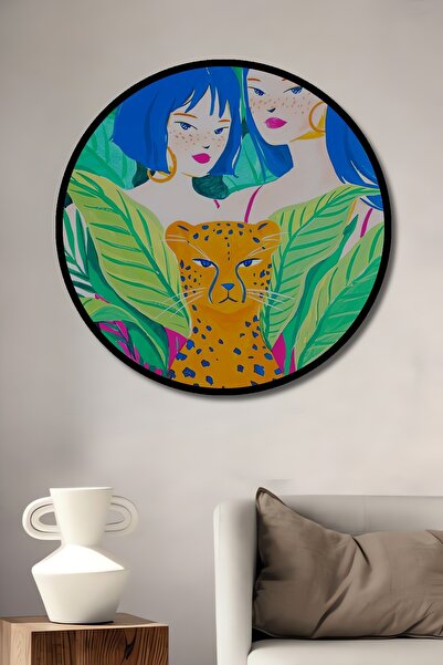 Teona Ahşap Tablou decorativ cu aspect de ramă rotundă din lemn, cu femei ele...