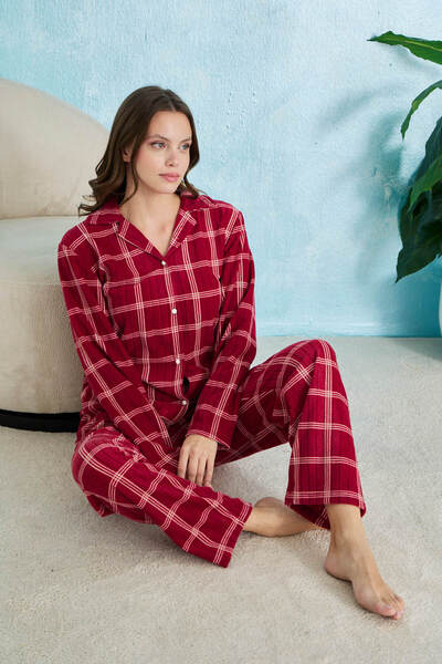 STELLAPİNK Bordo Fitilli Kare Detaylı Düğmeli Polar Pijama Takımı