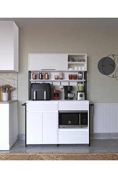 Remaks Demre Çekmeceli Kapaklı Raflı Metalli Kahve Köşesi - Beyaz