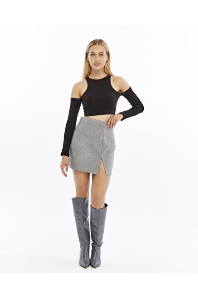 MODAMERSİ Women's Gray Slit Cashmere Skirt