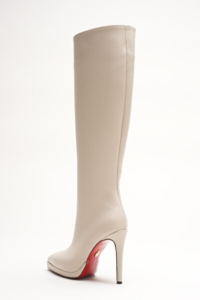 Ayakkabı Ateşi Γυναικείες μπότες με τακούνι με κοντή πλατφόρμα κάτω από το γόνατο Amazen Beige Skin