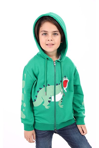 Toontoy Dark Green Boy's Hooded Zippered Printed Knitted Cardigan - 2 Thread