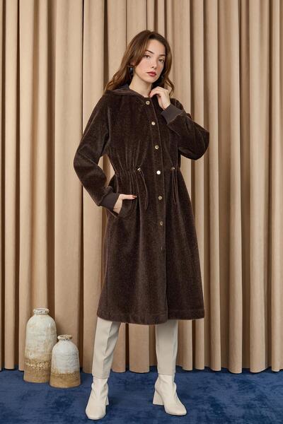 Puane Women's Tunneled Waist Hooded Long Fox Coat - 15234Kbn - Brown